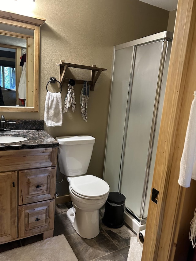 bathroom featuring vanity, toilet, and a shower with door