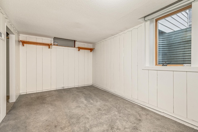 basement with light carpet and a textured ceiling