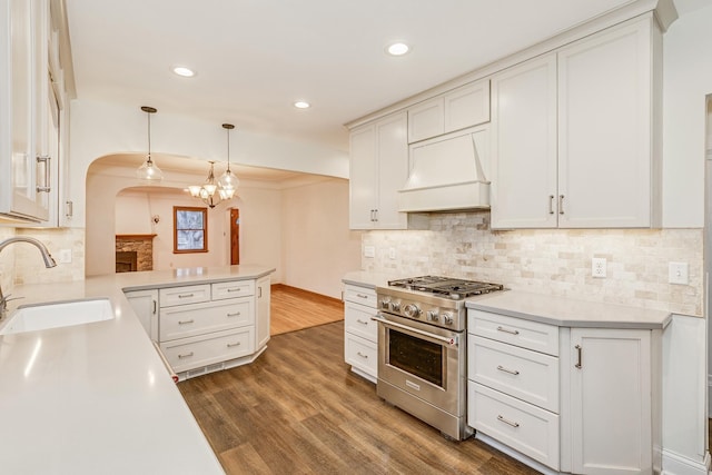 kitchen with custom exhaust hood, sink, dark hardwood / wood-style floors, stainless steel range, and kitchen peninsula