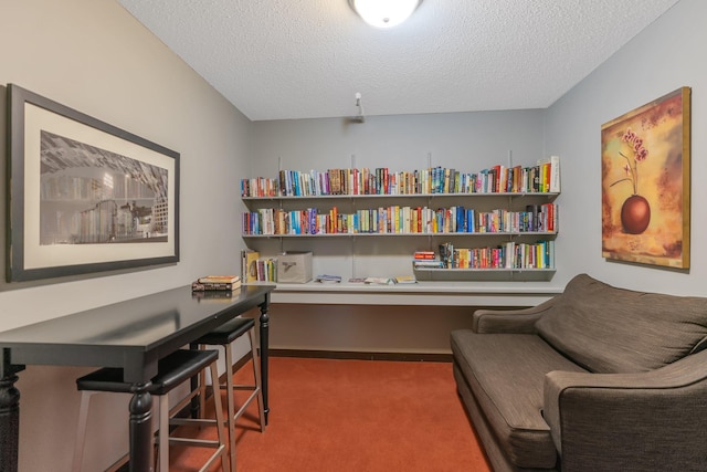 sitting room featuring a textured ceiling and carpet flooring