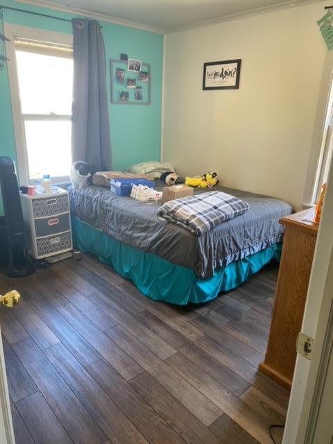 bedroom with crown molding and dark hardwood / wood-style floors