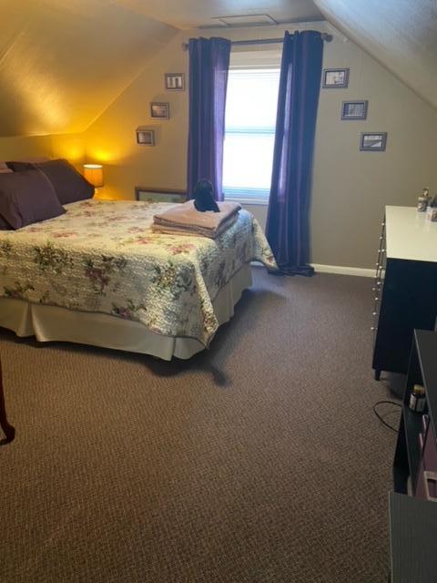 carpeted bedroom with lofted ceiling