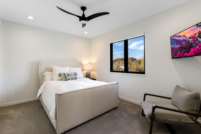 carpeted bedroom with ceiling fan