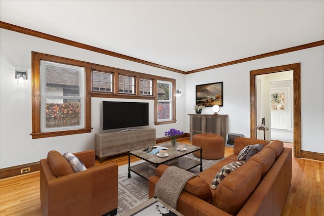 living room with crown molding and light hardwood / wood-style flooring