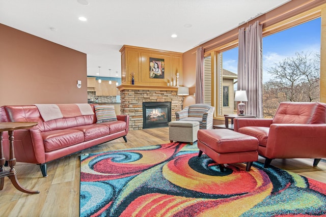 living room with a fireplace and hardwood / wood-style flooring