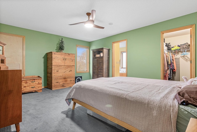 carpeted bedroom with a walk in closet, a closet, and ceiling fan