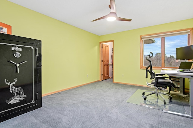 office area featuring light colored carpet and ceiling fan