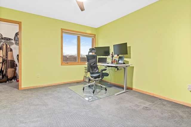 office area featuring ceiling fan and carpet floors