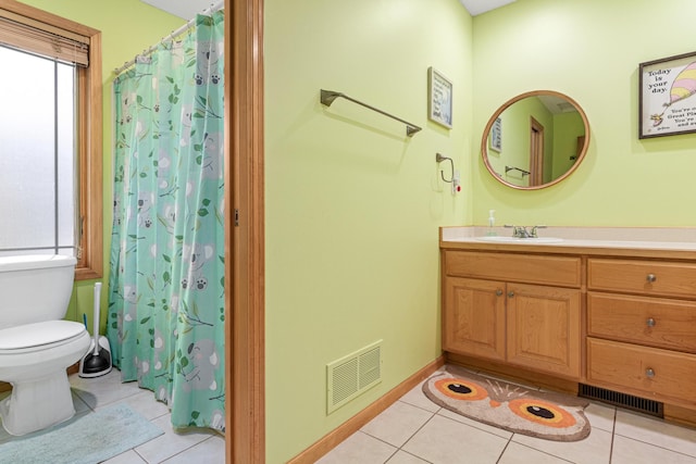 bathroom featuring tile patterned floors, walk in shower, vanity, and toilet