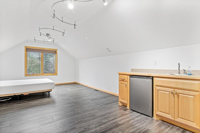 bonus room featuring dark hardwood / wood-style floors, vaulted ceiling, and sink