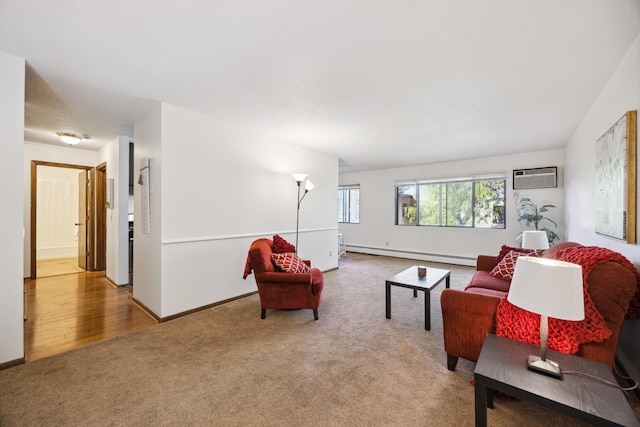 living room featuring a wall unit AC, baseboard heating, and carpet