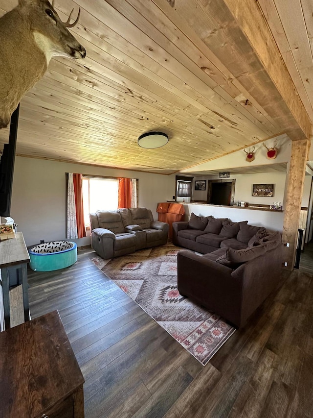 living room with dark wood-type flooring and wood ceiling