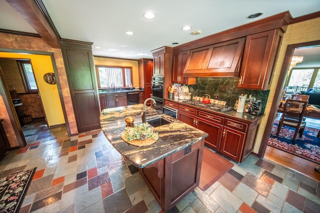 1425 20th St SW, Rochester, MN 55902 - kitchen with premium range hood, black appliances, recessed lighting, tasteful backsplash, and ornamental molding