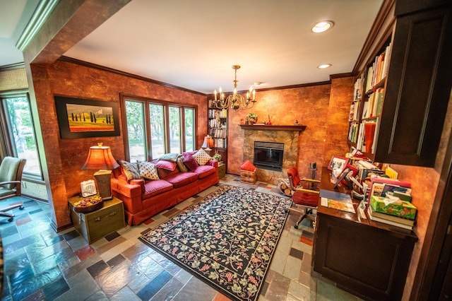 1425 20th St SW, Rochester, MN 55902 - living room featuring a chandelier, crown molding, a glass covered fireplace, and recessed lighting