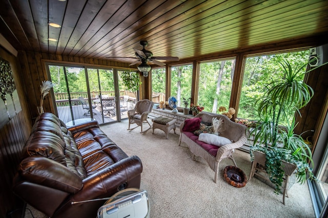 1425 20th St SW, Rochester, MN 55902 - living area featuring carpet floors, a ceiling fan, and wooden ceiling