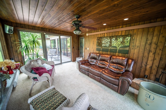 1425 20th St SW, Rochester, MN 55902 - carpeted living room featuring wooden walls, a ceiling fan, wood ceiling, and recessed lighting