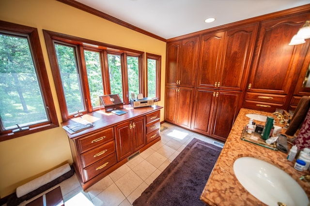 1425 20th St SW, Rochester, MN 55902 - full bath with double vanity, tile patterned flooring, ornamental molding, and recessed lighting