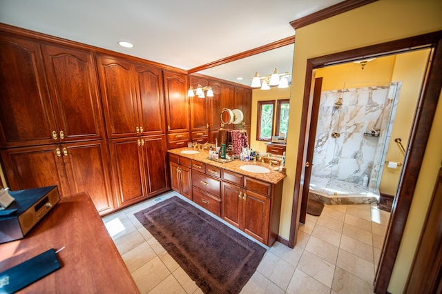 1425 20th St SW, Rochester, MN 55902 - bathroom with a marble finish shower, double vanity, tile patterned flooring, ornamental molding, and recessed lighting