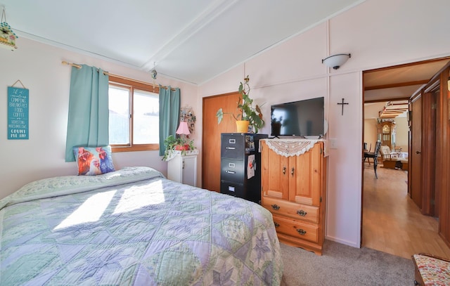 carpeted bedroom with lofted ceiling