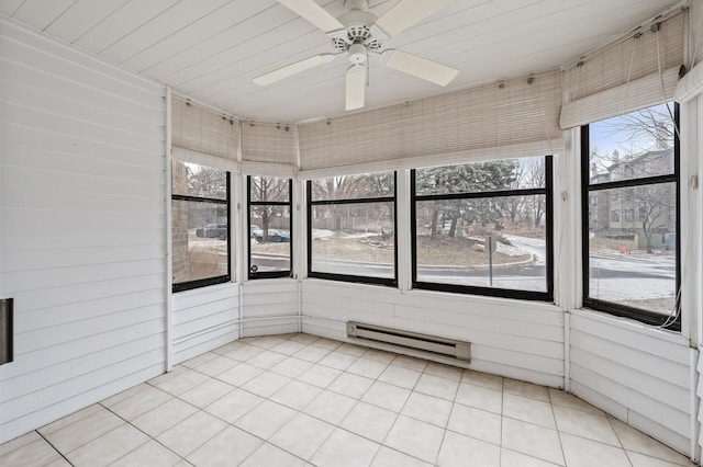 unfurnished sunroom featuring baseboard heating and ceiling fan