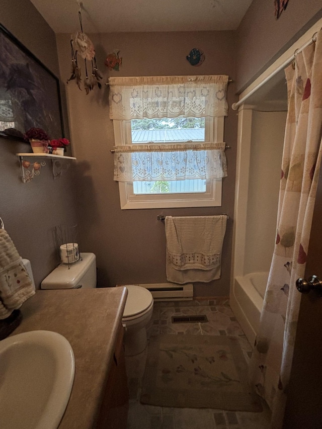 full bathroom featuring vanity, toilet, a baseboard radiator, and shower / tub combo with curtain