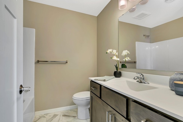 full bathroom with vanity, shower / tub combination, and toilet