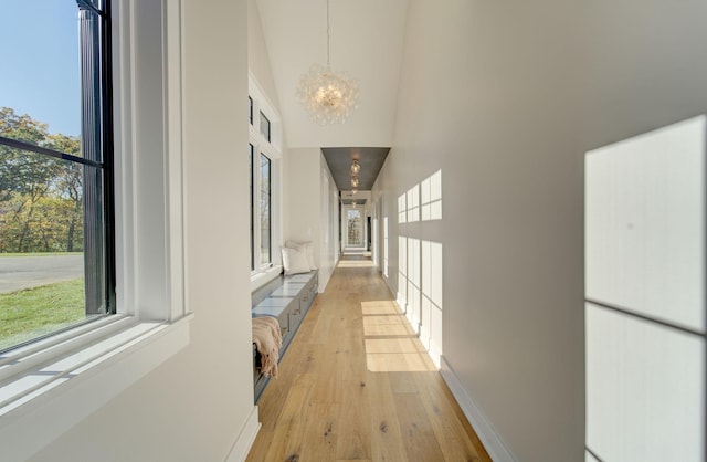 6620 Buckthorn Dr NW, Rochester, MN 55901 - hallway with a chandelier, healthy amount of natural light, light wood-style flooring, and a high ceiling