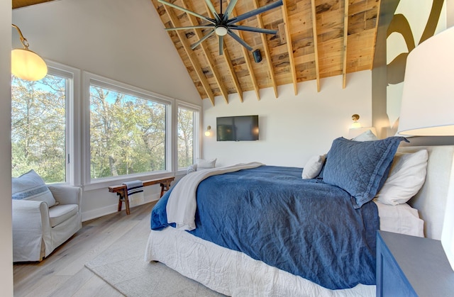 6620 Buckthorn Dr NW, Rochester, MN 55901 - bedroom with wooden ceiling with exposed beams, light wood-type flooring, high vaulted ceiling, and baseboards