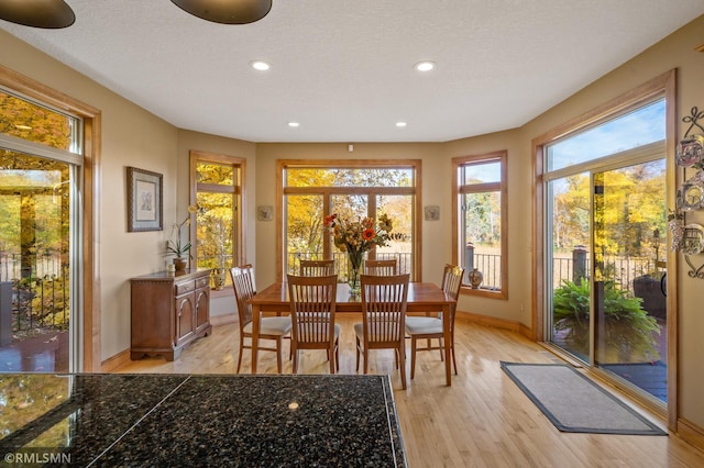 dining area featuring a textured ceiling, light wood-type flooring, and a wealth of natural light