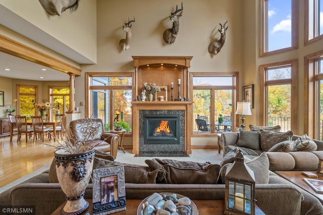 living room with a fireplace, hardwood / wood-style flooring, and a towering ceiling