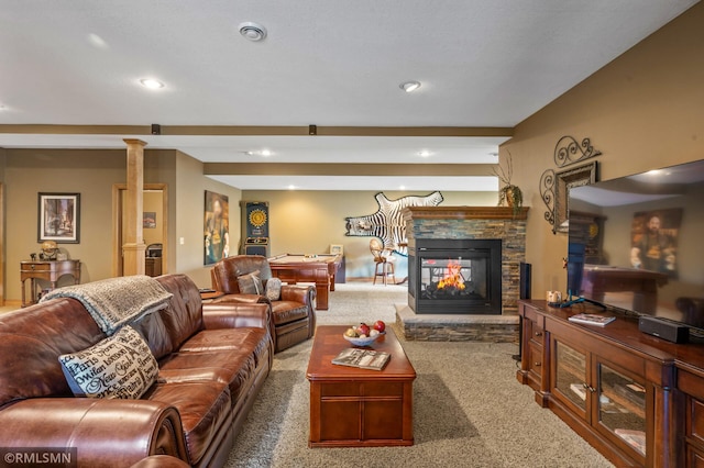 living room featuring carpet flooring and a fireplace