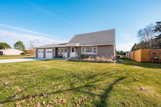 single story home with a front yard and a garage