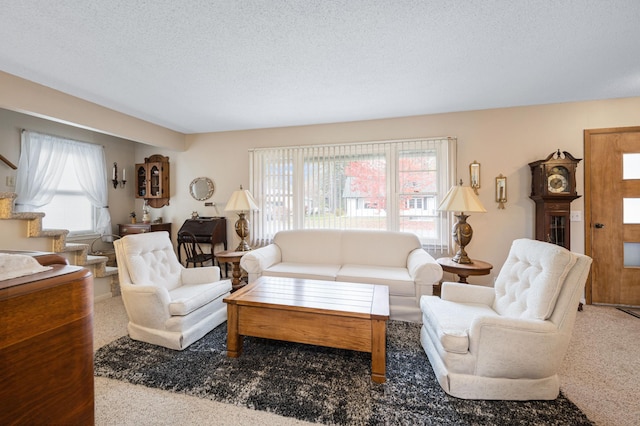 living room with carpet flooring and a textured ceiling