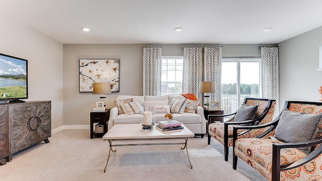 living room with a textured ceiling and light colored carpet