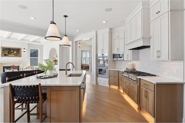 kitchen featuring white cabinets, stainless steel appliances, sink, and a large island with sink