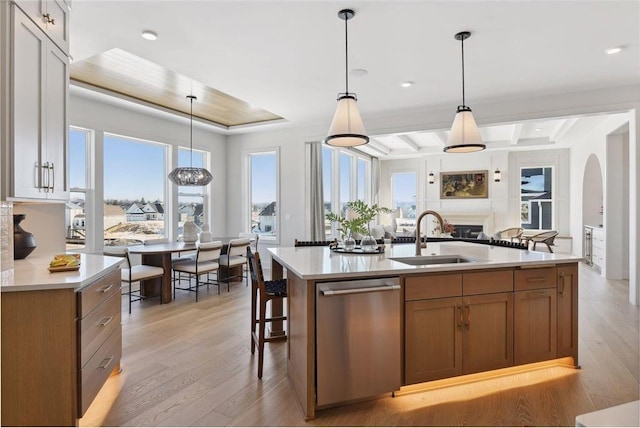 kitchen featuring light hardwood / wood-style floors, dishwasher, a kitchen island with sink, and hanging light fixtures