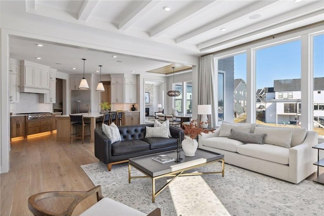 living room featuring beam ceiling and light hardwood / wood-style flooring