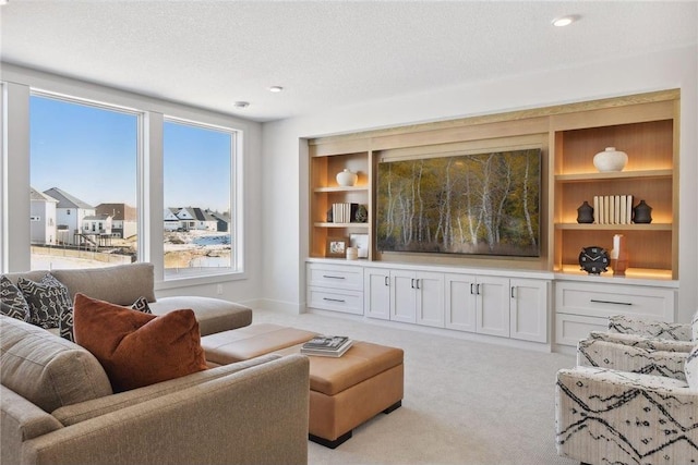 living room featuring a textured ceiling and light colored carpet