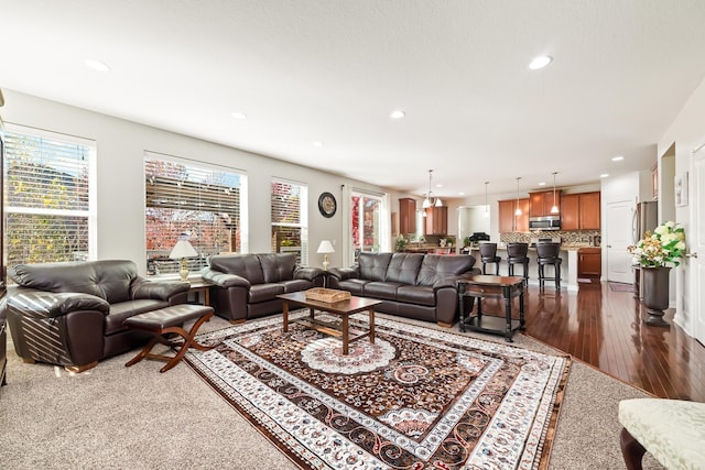 living room with dark hardwood / wood-style floors