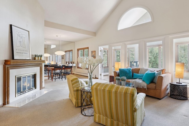 living room with baseboard heating, light carpet, and high vaulted ceiling