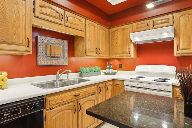 kitchen featuring white stove, sink, and black dishwasher