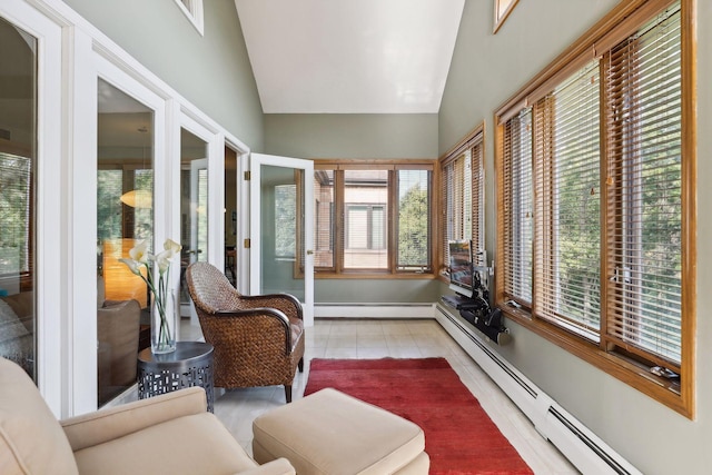 sunroom / solarium with a baseboard radiator and lofted ceiling