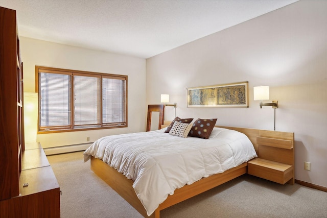 carpeted bedroom featuring a textured ceiling and a baseboard radiator