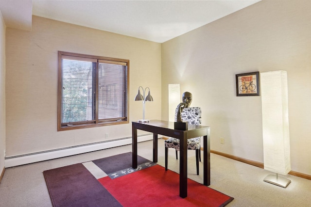 office area with carpet flooring and a baseboard heating unit