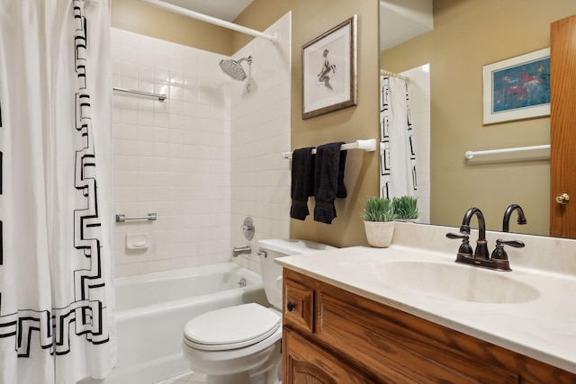 full bathroom with shower / bath combination with curtain, vanity, and toilet