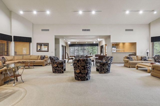 carpeted living room with a towering ceiling and track lighting