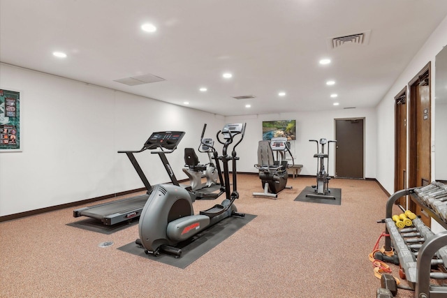 workout room featuring carpet floors