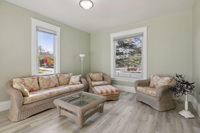 living area with light hardwood / wood-style floors and a healthy amount of sunlight