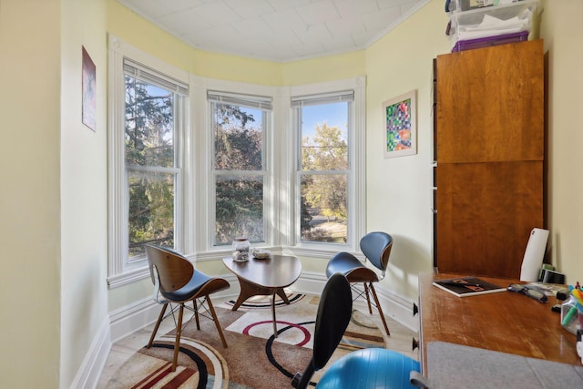 sitting room with ornamental molding, light hardwood / wood-style floors, and plenty of natural light