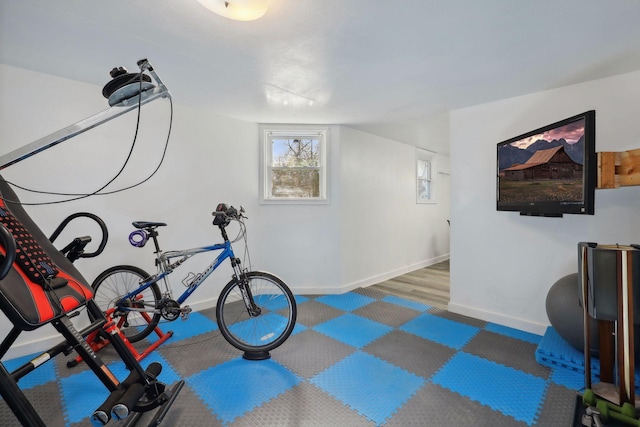 workout room featuring dark hardwood / wood-style flooring